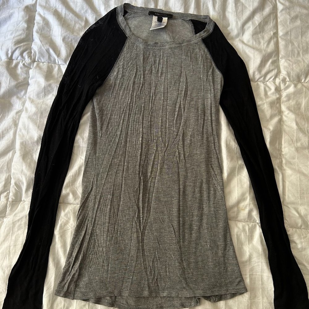 BCBG Grey and Black Mesh Long Sleeve Tee (Small)